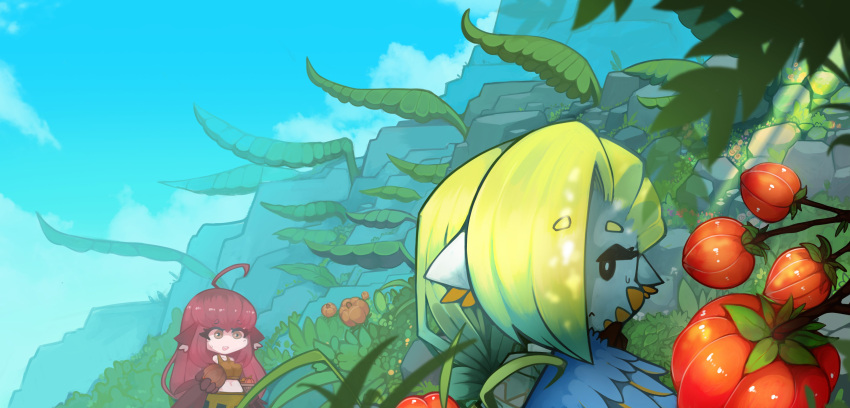 2girls absurdres ahoge animal_ears bird_ears bird_legs blonde_hair blue_feathers brown_tank_top cliff coco_(eogks) english_commentary feathers food fruit gradient_hair green_hair grey_poncho hair_over_one_eye harpy highres holding holding_food holding_fruit landscape long_hair mako_(eogks) monster_girl multicolored_hair multiple_girls navel nn_(eogks) open_mouth orange_feathers original outdoors oversized_plant red_feathers red_hair red_wings tank_top thinking two-tone_wings winged_arms wings