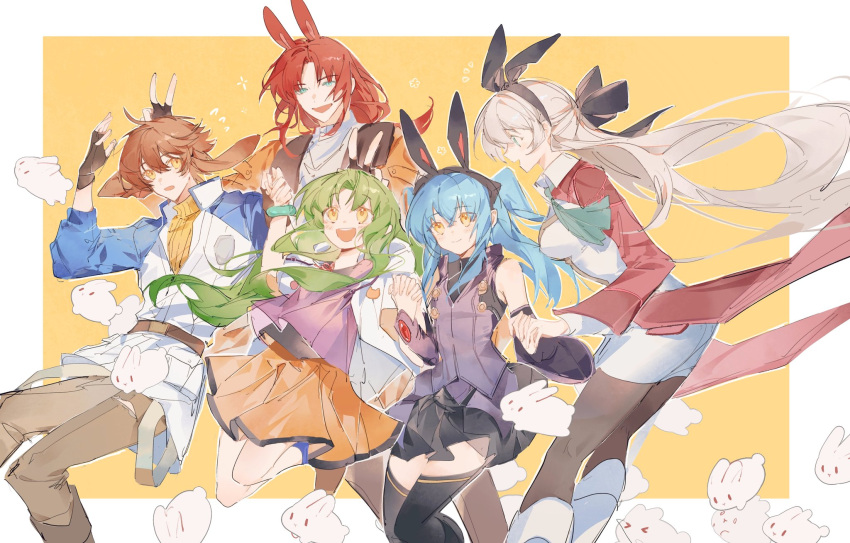 2boys 3girls animal animal_ears ao_no_kiseki blue_eyes blue_hair brown_hair coat eiyuu_densetsu elie_macdowell green_eyes green_hair hair_ornament highres humidifier_xd kea_(eiyuu_densetsu) lloyd_bannings multiple_boys multiple_girls open_mouth rabbit rabbit_ears rabbit_hair_ornament randolph_orlando red_hair short_hair simple_background skirt smile thighhighs tio_plato twintails white_hair yellow_eyes zero_no_kiseki