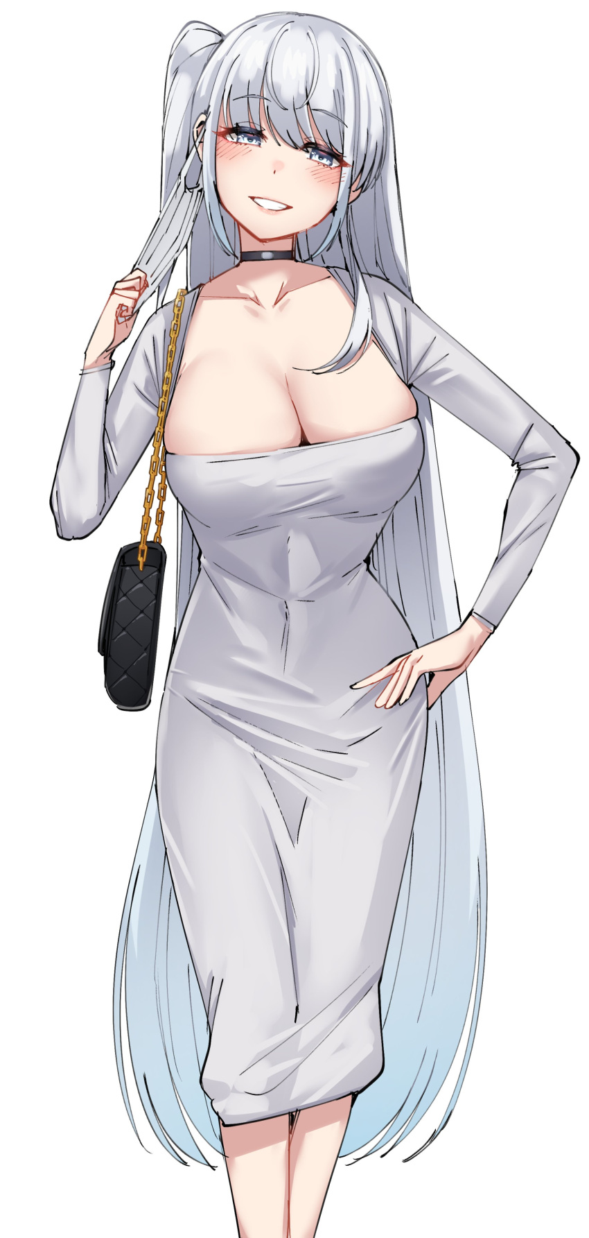 1girl absurdres bag blush breasts choker cleavage collarbone cosplay dongtan_lady_(k_pring) dongtan_lady_(k_pring)_(cosplay) dress fuyutsuki_(kancolle) grey_eyes grin hand_on_own_hip handbag highres kantai_collection kiritto large_breasts long_hair long_sleeves looking_at_viewer mask mouth_mask one_side_up sidelocks simple_background smile solo unworn_mask very_long_hair white_background white_dress