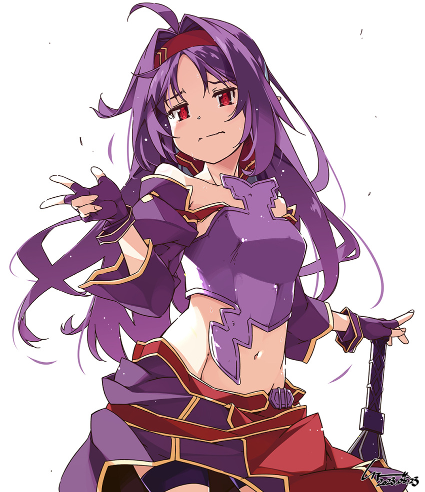 1girl armor covered_navel cowboy_shot detached_sleeves embarrassed english_text fingerless_gloves fingernails gloves groin hair_intakes hairband happy_birthday highres light_blush long_fingernails long_hair looking_at_another mixed-language_commentary planted purple_gloves purple_hair red_eyes red_hairband shikei smile solo sword sword_art_online thigh_strap v weapon white_background yuuki_(sao)