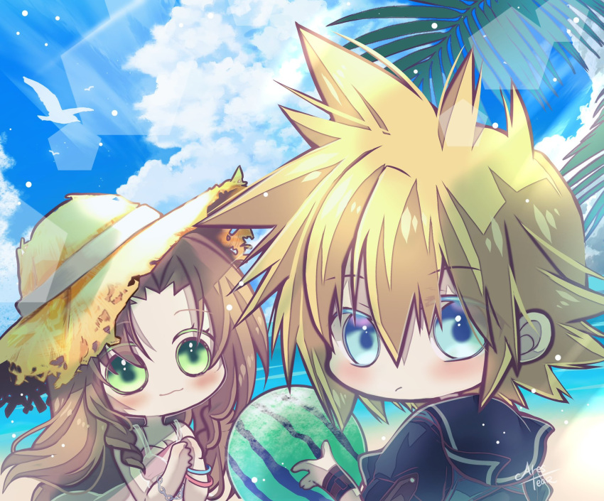 1boy 1girl :3 aerith_gainsborough arestear0701 beach bikini bird black_sailor_collar blonde_hair blue_eyes blush bracelet brown_hair chibi cloud_strife final_fantasy final_fantasy_vii final_fantasy_vii_ever_crisis food fruit green_eyes hair_between_eyes hat highres holding holding_food holding_fruit jewelry lace long_hair looking_at_viewer ocean official_alternate_costume outdoors own_hands_clasped own_hands_together palm_tree parted_bangs pink_bikini sailor_collar short_hair sidelocks spiked_hair straw_hat swimsuit tree upper_body watermelon wavy_hair wristband