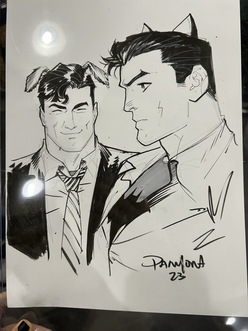 2boys animal_ears batman_(series) bruce_wayne cat_ears clark_kent commission cropped_torso dan_mora dc_comics dog_ears greyscale highres kemonomimi_mode male_focus mature_male monochrome multiple_boys necktie pen_(medium) photo_(medium) profile second-party_source short_hair sideburns sideburns_stubble smile suit superman_(series) thick_eyebrows