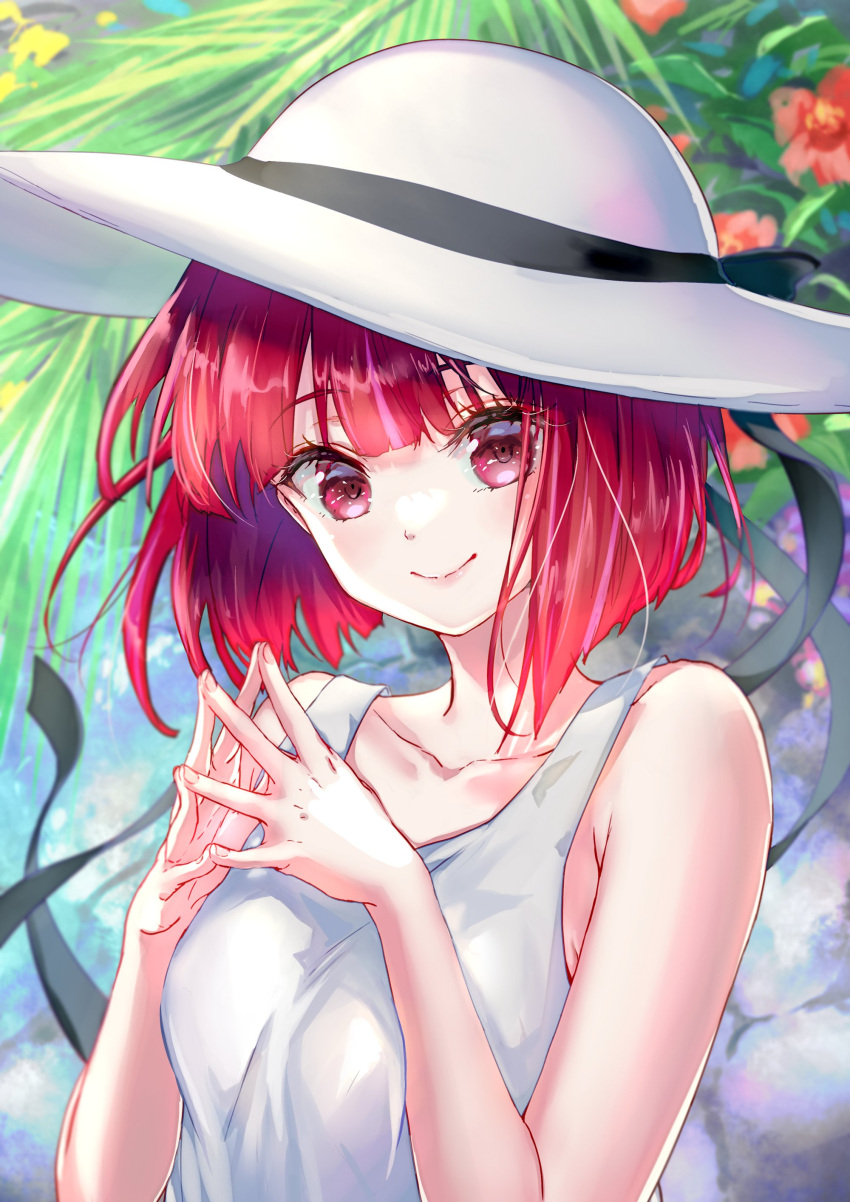 1girl absurdres arima_kana closed_mouth dress happy hat hat_ribbon highres looking_at_viewer oshi_no_ko pisuke red_eyes red_hair ribbon short_hair smile white_dress white_headwear