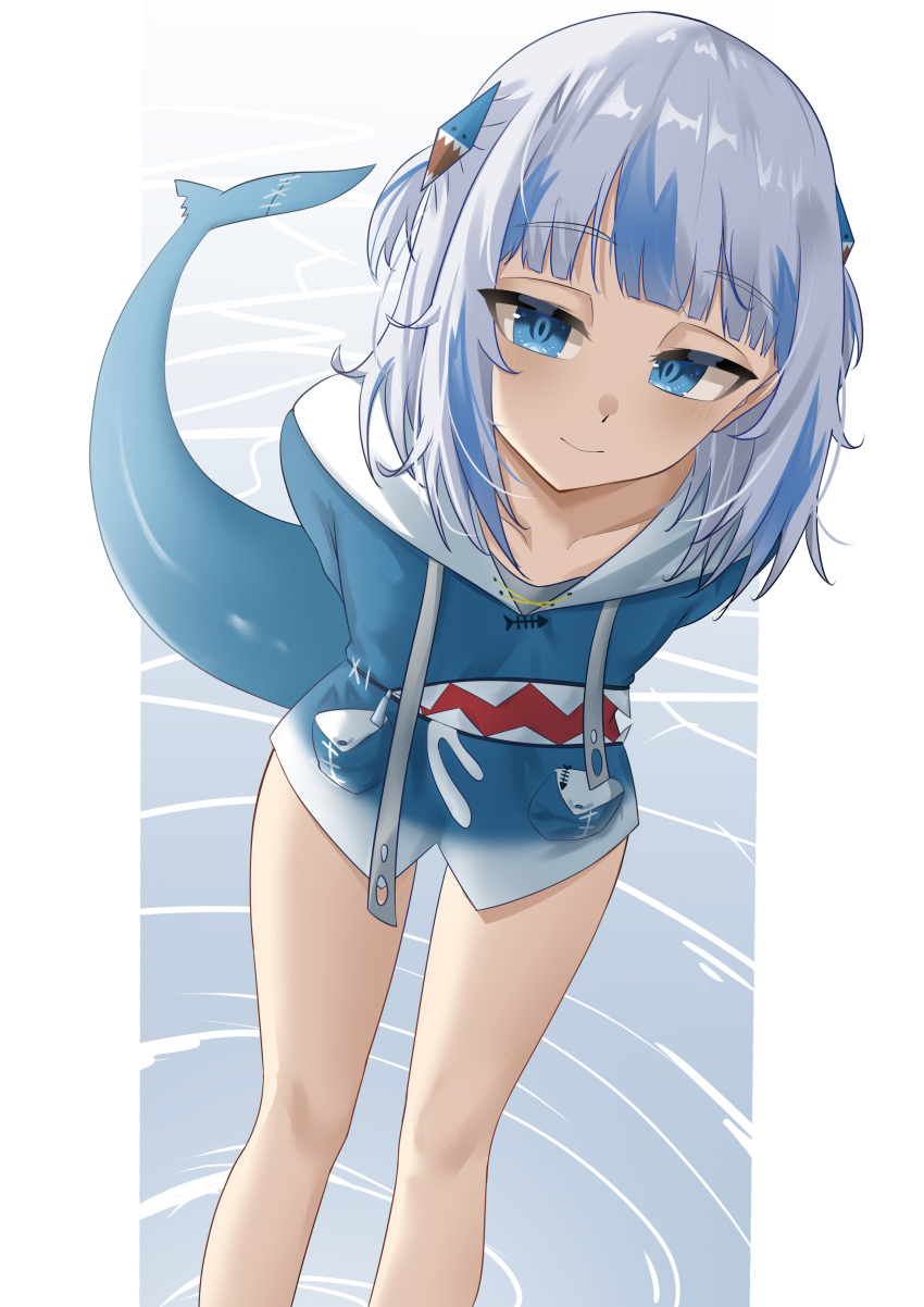 1girl absurdres animal_costume blue_hair blue_hoodie blunt_bangs breasts fins fish_tail gawr_gura gawr_gura_(1st_costume) grey_hair highres hololive hololive_english hood hoodie looking_at_viewer medium_hair multicolored_hair rebelium shark_costume shark_girl shark_tail sidelocks small_breasts smile solo streaked_hair tail two_side_up virtual_youtuber