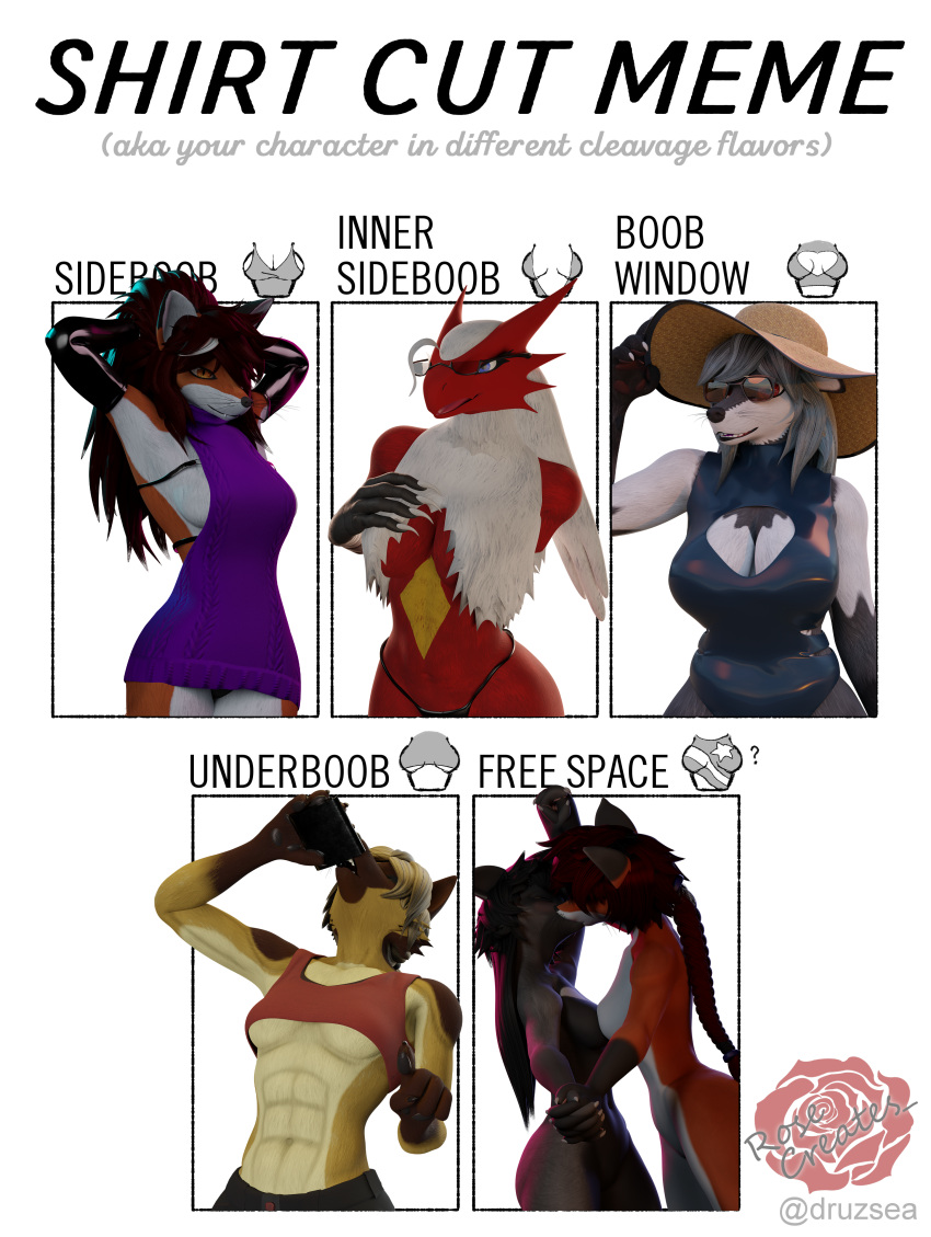 3:4 3d_(artwork) 4k abs absurd_res alcohol anthro avian beverage biceps big_breasts bird blaziken blender_(software) blue_eyes bottomwear braided_hair breast_squish breasts brown_body brown_fur canid canine canis chubby_female claws cleavage cleavage_cutout clothed clothing curvy_figure digital_media_(artwork) domestic_dog drinking english_text eyewear feathers female female/female flask fox fur generation_3_pokemon german_shepherd glasses grey_body grey_fur group gynomorph_(lore) hair half-closed_eyes hat headgear headwear herding_dog hi_res highlights_(coloring) huge_breasts incest_(lore) kissing lana_(rosecreates) latex latex_stockings lavender(rosecreates) leslie_rochester(rosecreates) lily(rosecreates) long_hair looking_at_viewer mammal mature_female meme meme_clothing muscular muscular_anthro muscular_female narrowed_eyes nintendo open_mouth pastoral_dog phoenix_(rosecreates) pokemon pokemon_(species) red_fox rosa_bursyoji rosecreates shirt shirt_cut_meme sibling_(lore) side_boob silver_fox simple_background sister_(lore) sisters_(lore) smile squish sun_hat sunglasses sweater tail talons teeth text thick_thighs topwear twins_(lore) under_boob underwear virgin_killer_sweater white_body white_fur white_hair wide_hips wolf