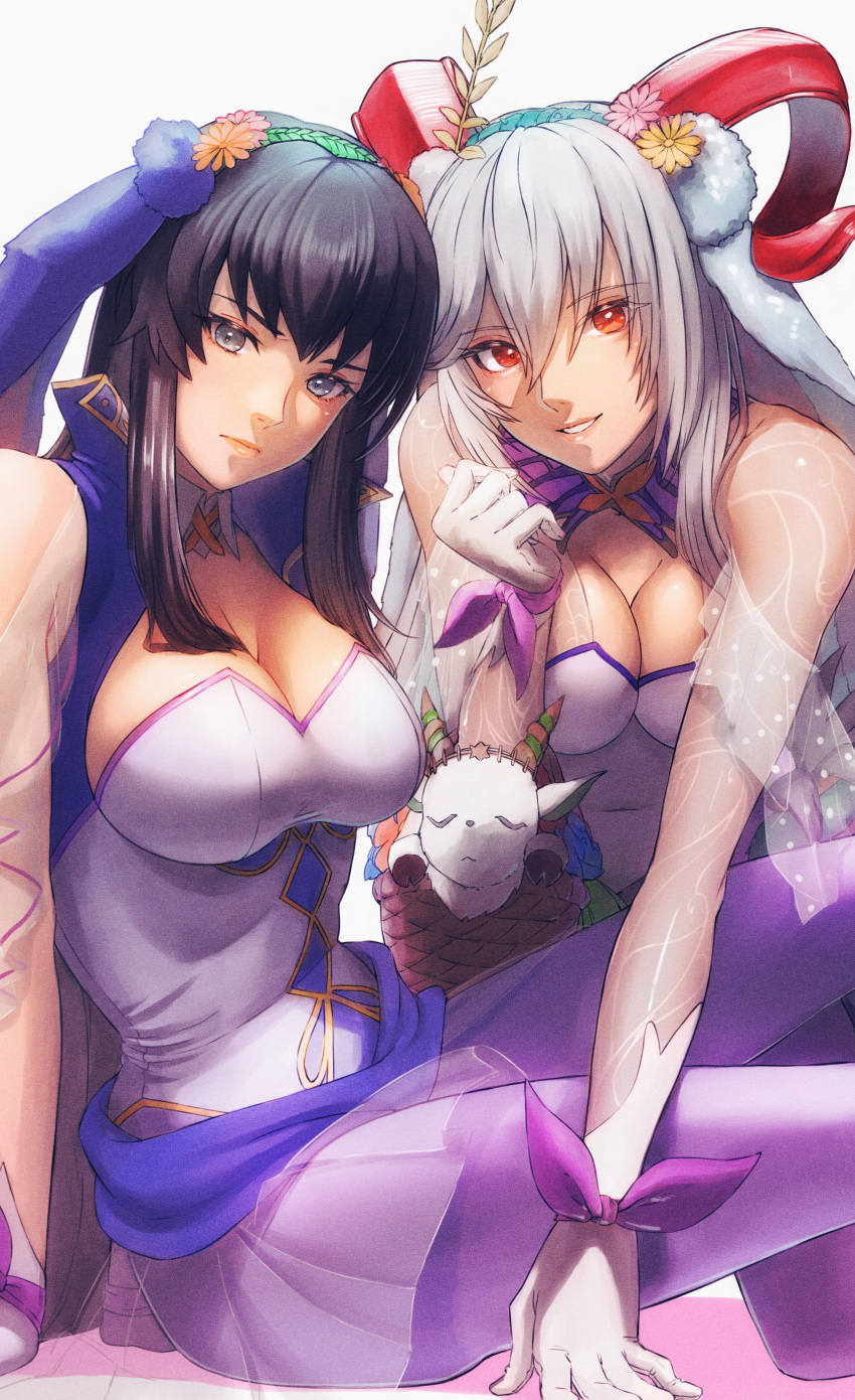 2girls absurdres aduti_momoyama animal_ears bare_shoulders basket black_hair blue_sash breasts bunny_day cleavage clothing_cutout curled_horns fake_animal_ears fire_emblem fire_emblem:_the_blazing_blade fire_emblem_heroes floppy_ears flower freyja_(fire_emblem) freyja_(spring)_(fire_emblem) gloves goat_horns gold_trim grey_eyes hair_ornament highres holding horns karla_(fire_emblem) karla_(spring)_(fire_emblem) large_breasts leotard long_hair looking_at_viewer mature_female multiple_girls official_alternate_costume open_mouth pantyhose parted_lips purple_pantyhose rabbit_ears red_eyes red_horns ribbon sash see-through serious shoulder_cutout skin_tight smile stuffed_animal stuffed_goat stuffed_toy thorns white_background wrist_ribbon