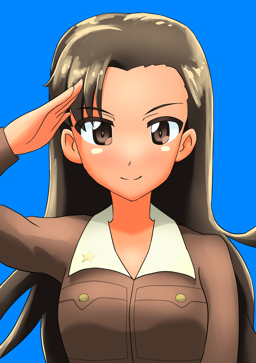1girl absurdres blue_background breasts brown_eyes brown_hair brown_shirt collar girls_und_panzer girls_und_panzer_saishuushou highres long_hair looking_at_viewer nishi_kinuyo salute shirt simple_background smile solo ugtm72 white_collar