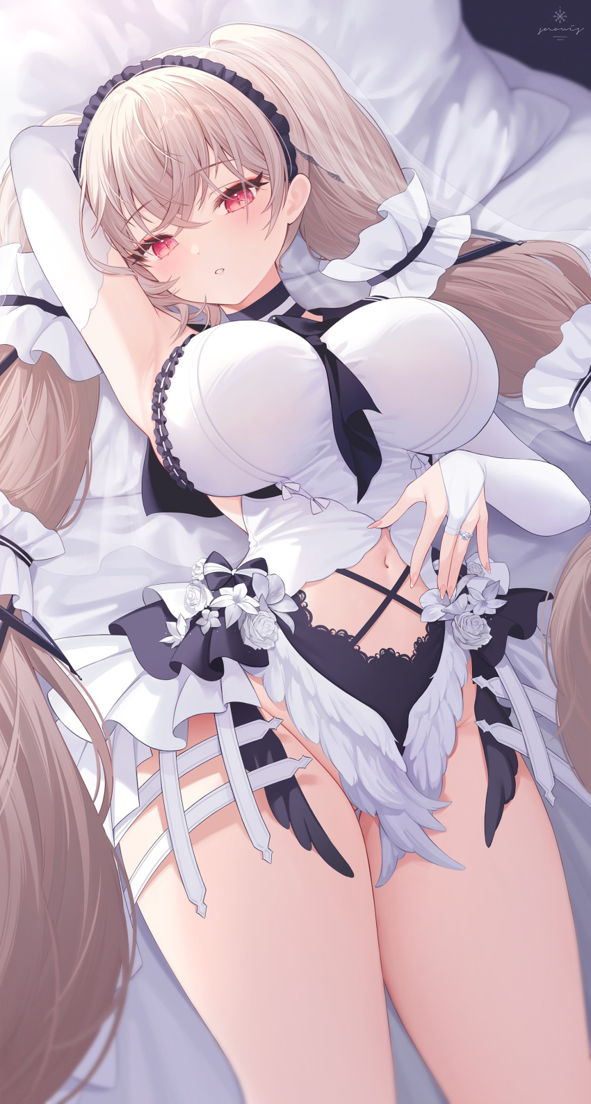 1girl absurdres arm_behind_head arm_up armpits azur_lane black_choker breasts bridal_gauntlets center_opening choker dress formidable_(azur_lane) formidable_(timeless_classics)_(azur_lane) headdress highres large_breasts long_hair looking_at_viewer lying navel neckerchief official_alternate_costume on_back parted_lips pillow red_eyes revealing_clothes side_cutout sleeveless sleeveless_dress slit_pupils snow_is solo stomach thighs twintails very_long_hair white_dress white_hair