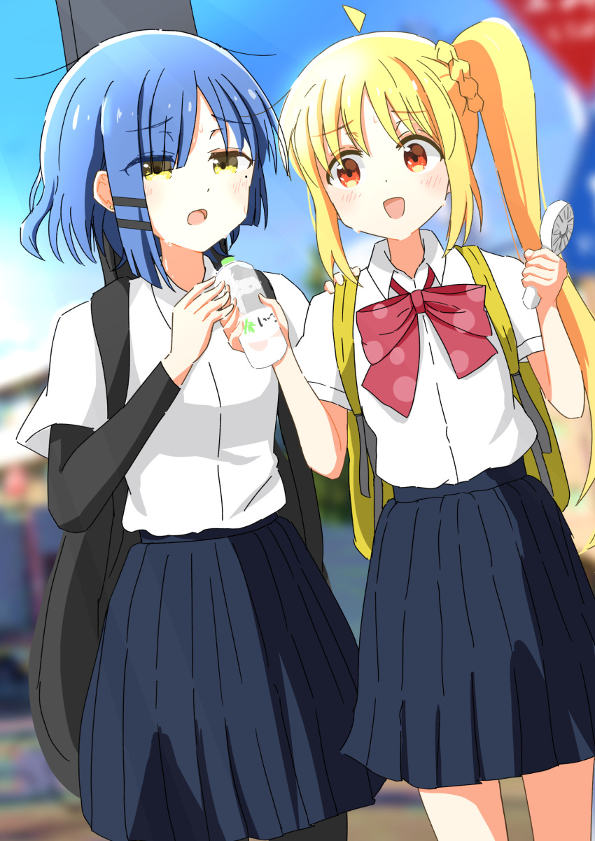 2girls backpack bag black_pantyhose black_skirt blonde_hair blue_hair blurry blurry_background bocchi_the_rock! bottle bow bowtie carrying_bag english_commentary guitar_case hair_ornament hair_over_one_eye hairclip high_side_ponytail highres holding_water ijichi_nijika instrument_case kur0u layered_sleeves long_hair long_sleeves looking_at_another multiple_girls orange_eyes pantyhose pleated_skirt polka_dot_bowtie red_bow red_bowtie school_uniform shirt short_hair short_over_long_sleeves short_sleeves skirt sweat walking water_bottle white_shirt yamada_ryo yellow_bag yellow_eyes yuri