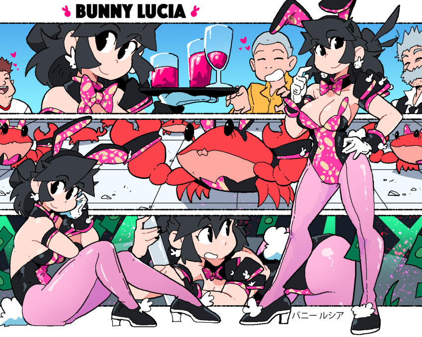 1girl 3boys animal_ears backless_leotard black_eyes black_footwear black_hair black_nails bow bowtie breasts brown_hair cleavage crab detached_collar drink earrings facial_hair fake_animal_ears fake_tail gloves grey_hair heart highres jewelry leotard looking_at_viewer lucia_(scott_malin) medium_breasts medium_hair multiple_boys multiple_views mustache original pantyhose pink_bow pink_bowtie pink_leotard playboy_bunny print_bow print_bowtie print_leotard purple_pantyhose rabbit_earrings rabbit_ears rabbit_tail scott_malin shoes short_hair smile strapless strapless_leotard tail tray white_gloves wrist_cuffs