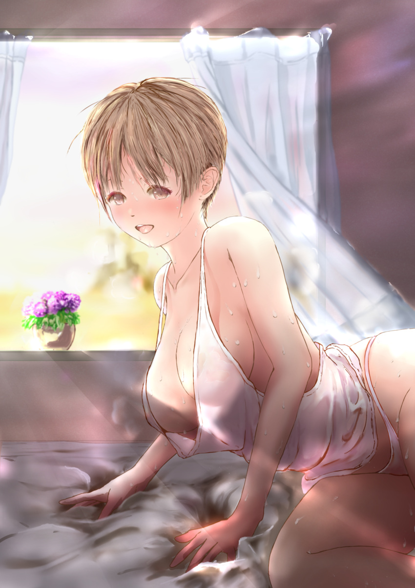 1girl absurdres bed bed_sheet bedroom blush breasts brown_eyes brown_hair camisole cleavage collarbone curtains flower flower_pot highres kouworks2011 large_breasts light_rays looking_at_viewer loose_clothes lying on_bed on_side open_mouth original plant potted_plant purple_flower short_hair smile sunlight sweat tank_top thighs underwear window