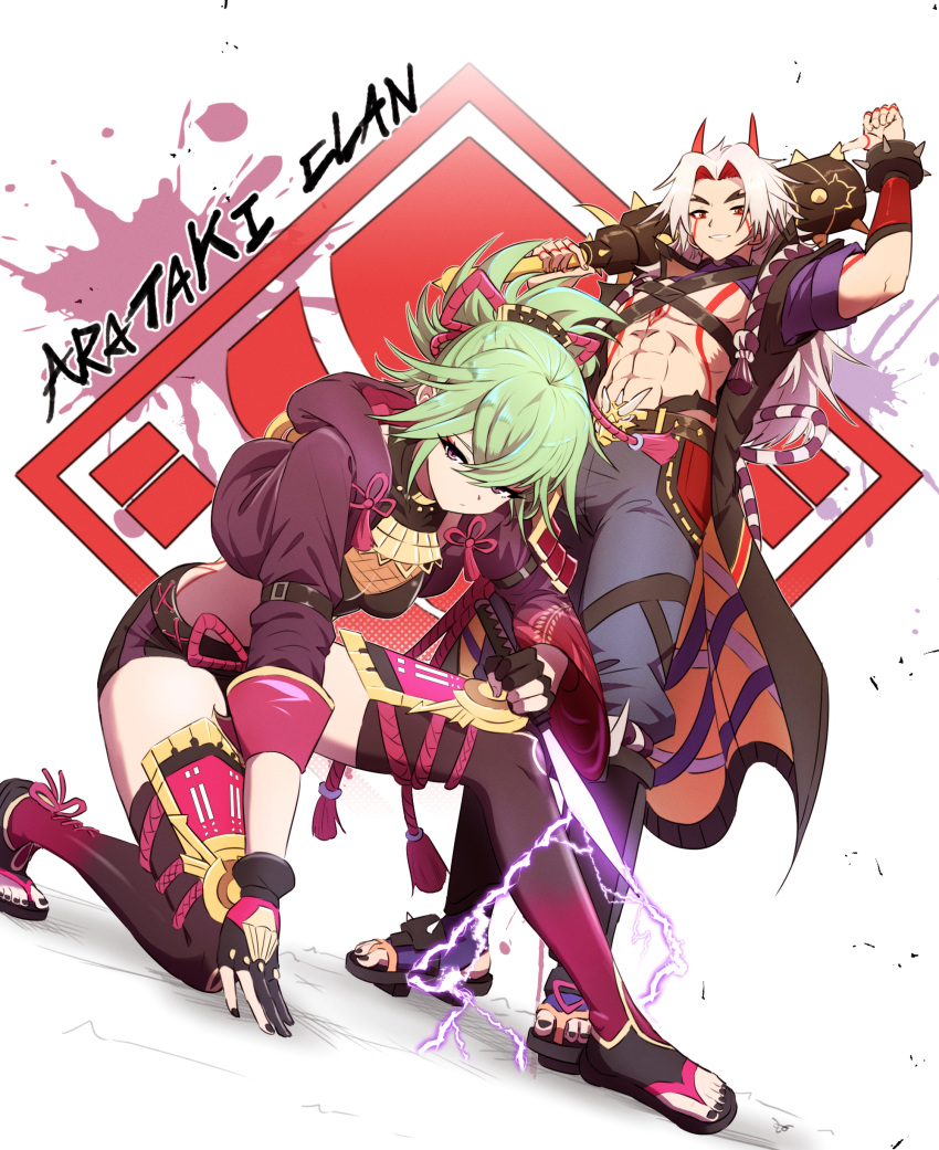 1boy 1girl abs absurdres arataki_itto arm_up black_coat black_nails black_shorts black_thighhighs club_(weapon) coat commentary_request crop_top genshin_impact green_hair grey_pants highres holding holding_weapon horns jacket kanabou kuki_shinobu long_hair long_sleeves midriff nail_polish on_one_knee open_clothes open_coat over_shoulder pants ponytail purple_eyes purple_jacket red_eyes samacho short_hair short_shorts short_sleeves shorts thighhighs very_long_hair weapon weapon_over_shoulder white_background white_hair