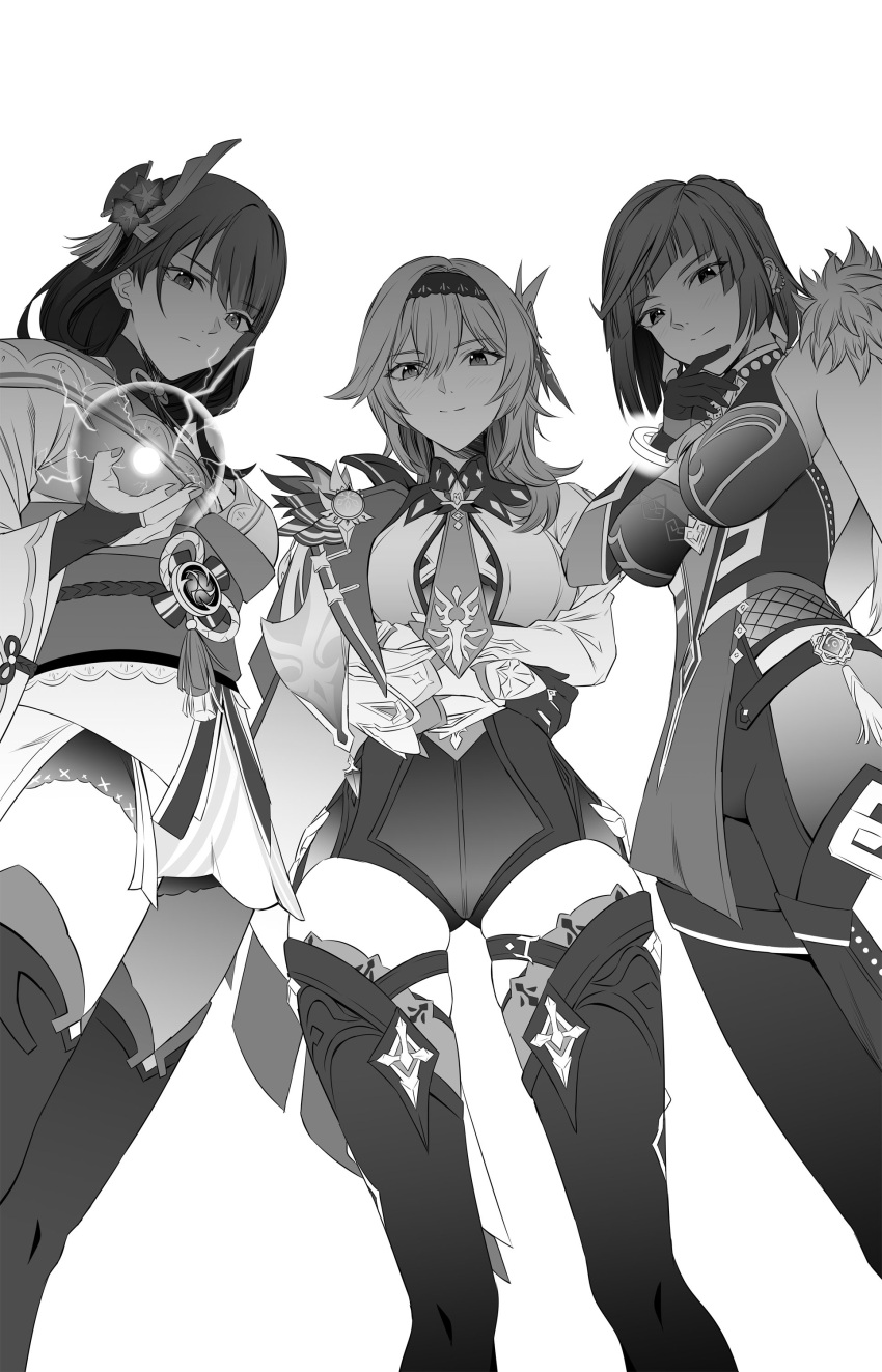 3girls absurdres blush bob_cut boots breasts bridal_gauntlets cape closed_mouth crossed_arms diagonal_bangs dice electricity eula_(genshin_impact) feather-trimmed_jacket fingernails from_below genshin_impact gloves greyscale hair_between_eyes hair_ornament hairband hand_on_own_chin hand_up high-waist_shorts highres holding_orb japanese_clothes kimono large_breasts long_hair long_sleeves looking_at_viewer medium_hair mole mole_under_eye monochrome multiple_girls neck_tassel necktie obi obiage obijime orb parted_bangs raiden_shogun sash short_hair shorts sidelocks simple_background skindentation smile stroking_own_chin takai_isshiki tassel tassel_choker thigh_boots thighhighs thighs waist_cutout white_background yelan_(genshin_impact)