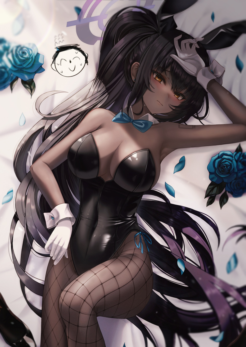 1girl absurdres animal_ears arm_up armpits bare_arms bare_shoulders black_hair black_hairband black_leotard blue_archive blue_flower bow bowtie breasts cleavage closed_mouth covered_navel dark-skinned_female dark_skin detached_collar fake_animal_ears fishnet_pantyhose fishnets flower frown gloves hairband halo highleg highleg_leotard highres karin_(blue_archive) karin_(bunny)_(blue_archive) large_breasts leotard long_hair looking_at_viewer lying official_alternate_costume on_back orange_eyes pantyhose petals playboy_bunny ponytail rabbit_ears rose shoulder_tattoo side-tie_leotard solo starlip strapless strapless_leotard sweat tattoo thighs very_long_hair white_gloves wrist_cuffs