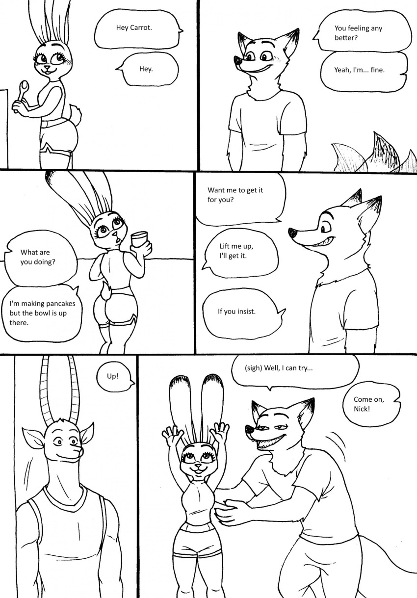 2023 4_fingers antelope anthro bernielover bernielover's_college_au bottomwear bovid breasts butt canid canine claws clothed clothing comic cutlery dialogue disney english_text female finger_claws fingers fox fur grin group hi_res horn humanoid_hands judy_hopps kitchen_utensils lagomorph leporid male male/female mammal nick_wilde rabbit shorts smile speech_bubble spoon standing tail tail_motion tailwag teeth text tools trio zootopia
