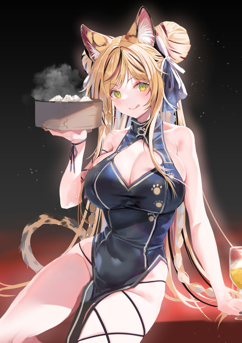 1girl absurdres animal_ear_fluff animal_ears bamboo_steamer baozi bare_shoulders blonde_hair breasts china_dress chinese_clothes cleavage closed_mouth covered_navel cup double_bun dress feet_out_of_frame food green_eyes groin hair_bun hand_up highres indie_virtual_youtuber kintsuba_detama large_breasts licking_lips long_hair looking_at_viewer multicolored_hair pelvic_curtain shimofuri side_slit sitting sleeveless sleeveless_dress solo steam streaked_hair tail tongue tongue_out