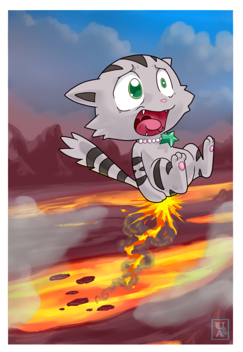 american_shorthair anthro burning butt_on_fire digital_media_(artwork) domestic_cat feet felid feline felis fire gem hi_res jewelpet jewelry lava male mammal necklace open_mouth pain pequedark-velvet sanrio sega sega_toys solo tail tour_(jewelpet)