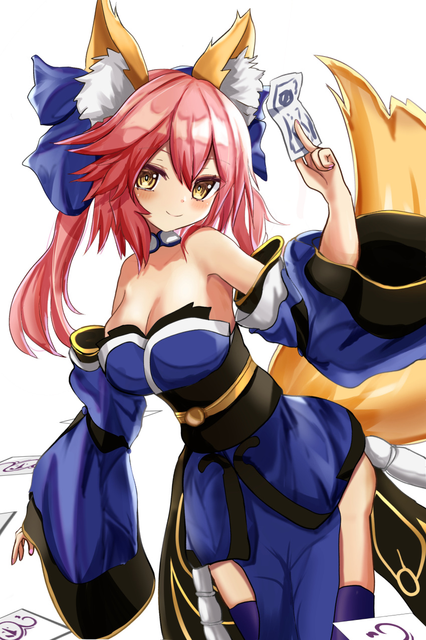 1girl absurdres animal_ear_fluff animal_ears asagiri_rey bare_shoulders blue_kimono blue_ribbon blue_thighhighs blush bow breasts cleavage collarbone detached_sleeves fate/grand_order fate_(series) fox_ears fox_girl fox_tail hair_between_eyes hair_bow hair_ribbon highres japanese_clothes kimono large_breasts long_hair looking_at_viewer pink_hair ribbon simple_background smile solo split_ponytail tail tamamo_(fate) tamamo_no_mae_(fate/extra) thighhighs white_background yellow_eyes