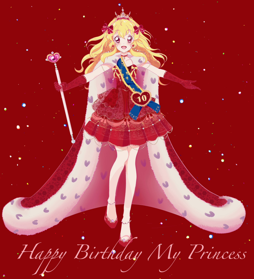 1girl :d aikatsu! aikatsu!_(series) blonde_hair bow cloak collar crown dress earrings elbow_gloves gloves hair_ornament hair_ribbon happy_birthday harto_aiyu heart highres holding holding_scepter hoshimiya_ichigo jewelry open_mouth princess red_bow red_dress red_eyes red_gloves ribbon scepter smile tiara