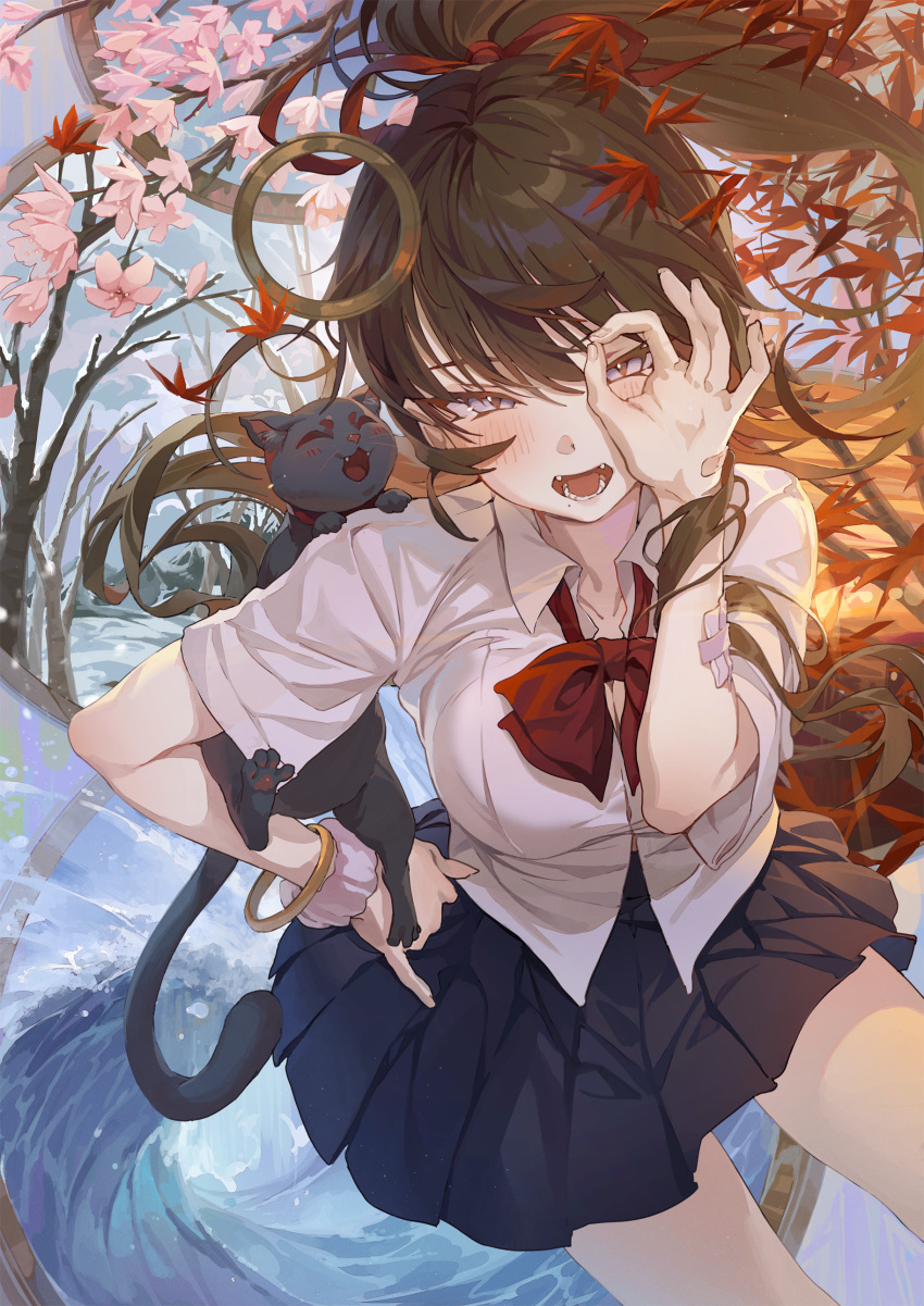 1girl absurdres bandaid bandaid_on_hand black_cat black_skirt blush bow bowtie bracelet branch breasts brown_eyes brown_hair cat cherry_blossoms cleavage cowboy_shot flower gauze hair_spread_out hand_on_own_hip highres hxxg jewelry leaf long_hair looking_at_viewer maple_leaf mole mole_under_mouth ok_sign ok_sign_over_eye open_mouth original pink_flower pleated_skirt red_bow red_bowtie school_uniform scrunchie shirt short_sleeves skirt solo white_shirt wrist_scrunchie