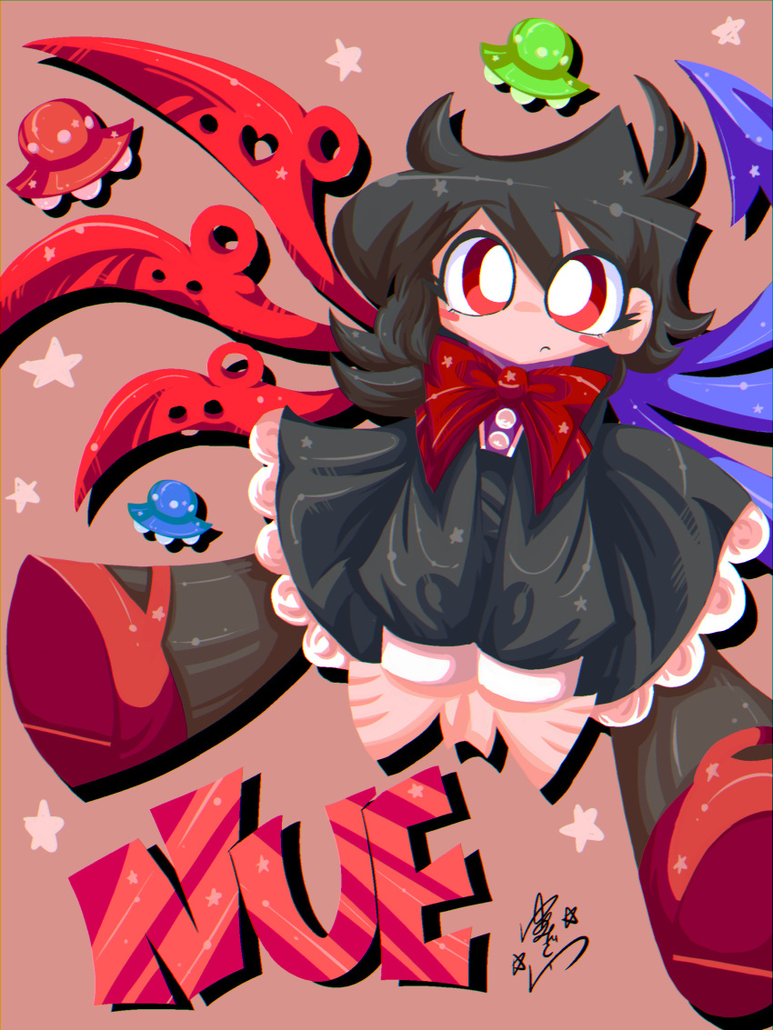 1girl absurdres ahoge asymmetrical_hair asymmetrical_wings black_dress black_hair black_thighhighs blue_wings blush blush_stickers bow bowtie character_name closed_mouth commentary_request dress english_text flat_color frown hair_between_eyes heart highres houjuu_nue long_hair long_sleeves looking_at_viewer makeup mascara messy_hair no_lineart no_nose nose_blush nue_(phrase) partial_commentary pink_background red_bow red_bowtie red_eyes red_footwear red_wings shadow shoes signature simple_background sleeve_cuffs sleeves_past_wrists solo star_(symbol) thighhighs touhou ufo very_big_eyes wings yumemizawazawa