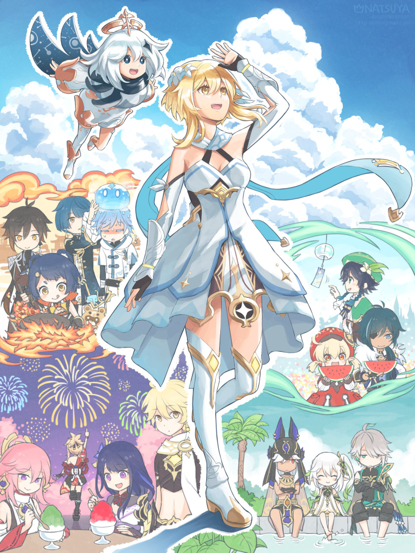 6+boys 6+girls :q absurdres aerial_fireworks aether_(genshin_impact) ahoge alhaitham_(genshin_impact) armor bare_shoulders black_eyes black_footwear black_gloves black_hair black_shirt blonde_hair blue_eyes blue_hair blue_sky blunt_bangs blush boots breasts bridal_gauntlets bright_pupils brown_coat brown_gloves brown_hair cabbie_hat cape chongyun_(genshin_impact) cleavage closed_mouth cloud coat commentary_request cooking crop_top crossed_arms cyno_(genshin_impact) dark-skinned_male dark_skin detached_sleeves dress elbow_gloves expressionless eyepatch female_child fingerless_gloves fire fireworks flower food frilled_sleeves frills frown fruit full_body fur-trimmed_cape fur_trim genshin_impact gloves gold gradient_hair green_headwear grey_wings hair_between_eyes hair_flower hair_ornament hair_over_shoulder hair_rings halo hat highres jewelry kaeya_(genshin_impact) klee_(genshin_impact) layered_sleeves leaf_hat_ornament lily_(flower) long_hair long_sleeves low_twintails lumine_(genshin_impact) medium_breasts medium_hair midriff multicolored_hair multiple_boys multiple_girls nahida_(genshin_impact) natsuya_(kuttuki) necklace off_shoulder open_mouth outline paimon_(genshin_impact) palm_tree pants pants_rolled_up partially_fingerless_gloves pink_hair pointy_ears purple_eyes purple_hair raiden_shogun red_dress red_eyes red_headwear shading_face shaved_ice shirt short_hair_with_long_locks short_over_long_sleeves short_sleeves shoulder_armor side_ponytail sidelocks single_thighhigh sky sleeveless sleeveless_dress sleeveless_shirt slime_(creature) slime_(genshin_impact) smile sweat thighhighs tongue tongue_out tree turtleneck twintails vambraces venti_(genshin_impact) watermelon watermelon_slice white_armor white_cape white_dress white_flower white_footwear white_hair white_outline white_pupils white_shirt white_sleeves white_thighhighs wind_chime wings wok xiangling_(genshin_impact) xingqiu_(genshin_impact) yae_miko yellow_eyes yoimiya_(genshin_impact) zhongli_(genshin_impact)