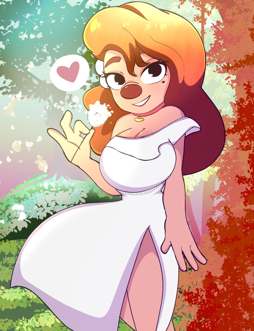 &lt;3 absurd_res anthro beauty_mark big_breasts breasts canid canine canis cleavage clothed clothing collar disney domestic_dog female flower forest goof_troop hi_res looking_at_viewer mammal onibi plant roxanne_(goof_troop) slit_dress solo tree