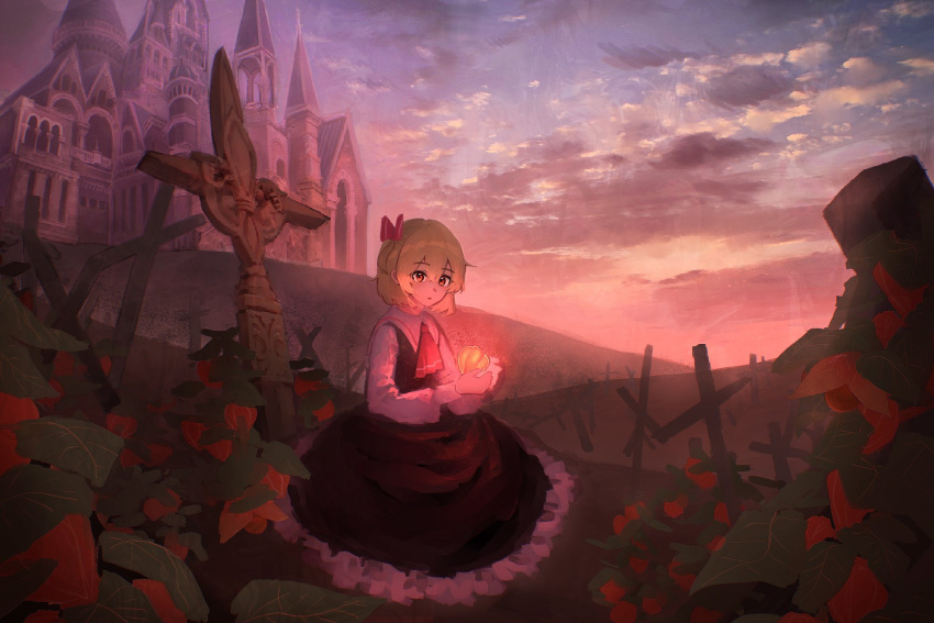 ascot black_skirt black_vest blonde_hair bo_cota cloud cloudy_sky collared_shirt cross flower frilled_skirt frills glowing hair_ribbon highres hill holding long_sleeves looking_at_viewer outdoors red_ascot red_eyes red_ribbon ribbon rumia scarlet_devil_mansion scenery shirt short_hair sitting skirt skirt_set sky tombstone touhou vest white_shirt