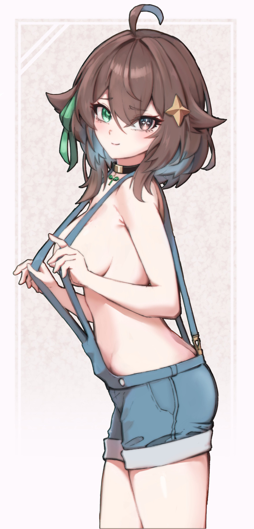 1girl absurdres ahoge bare_shoulders black_choker blue_hair blue_overalls braid breasts brown_eyes brown_hair choker colored_inner_hair cross-shaped_pupils green_eyes hair_flaps hair_ornament heterochromia highres indie_virtual_youtuber krow medium_breasts medium_hair meica_(vtuber) mismatched_pupils multicolored_hair naked_overalls no_bra overall_shorts overalls pendant_choker short_shorts shorts sideboob single_braid solo sprout-shaped_pupils sprout_pendant star_(symbol) star_hair_ornament suspenders symbol-shaped_pupils two-tone_hair virtual_youtuber