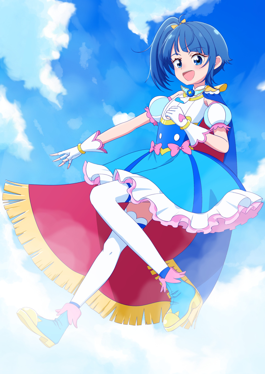1girl :d absurdres ahoge ankle_boots blue_cape blue_dress blue_eyes blue_footwear blue_hair blue_skirt blue_sky boots brooch cape cloud cloudy_sky commentary cosplay cure_sky cure_sky_(cosplay) cut_bangs day dress fingerless_gloves floating frills fringe_trim full_body gloves hair_ribbon highres hirogaru_sky!_precure jewelry leg_up looking_at_viewer magical_girl medium_dress medium_hair one_side_up open_mouth outdoors precure red_cape ribbon self_cosplay senchouto side_ponytail single_sidelock skirt sky sleeveless sleeveless_dress smile solo sora_harewataru thighhighs two-sided_cape two-sided_fabric white_gloves white_thighhighs wing_hair_ornament yellow_ribbon