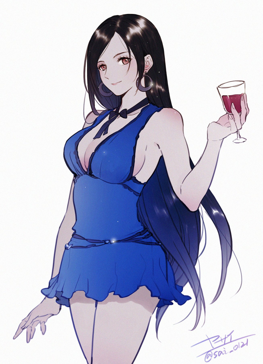 1girl bare_arms bare_shoulders black_hair blue_dress breasts cleavage closed_mouth commentary_request cowboy_shot crescent crescent_earrings crescent_moon cup dress drinking_glass earrings final_fantasy final_fantasy_vii final_fantasy_vii_remake glint hand_up highres holding holding_cup jewelry large_breasts light_smile long_hair looking_at_viewer moon neck_ribbon official_alternate_costume red_eyes ribbon short_dress signature simple_background sleeveless sleeveless_dress solo swept_bangs tifa_lockhart tifa_lockhart's_refined_dress twitter_username yasai_(getsu)