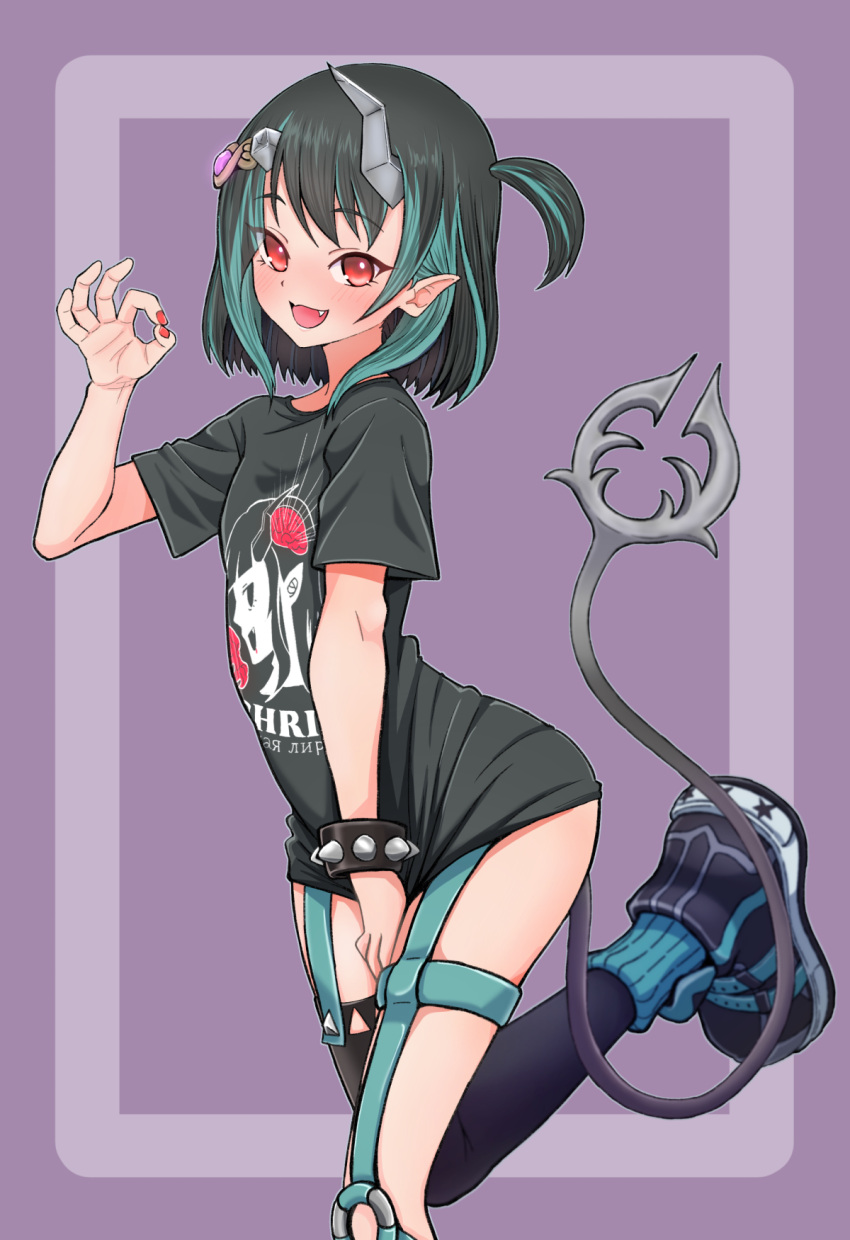 1girl black_footwear black_hair black_shirt black_thighhighs blue_hair blue_socks blush bracelet commentary_request demon_girl demon_horns demon_tail eye_hair_ornament fang fingernails flat_chest foot_out_of_frame highres horns jewelry k_waremono looking_at_viewer medium_bangs multicolored_hair nanashi_inc. official_alternate_costume ok_sign one_side_up open_mouth pointy_ears purple_background red_eyes red_nails shirt shishio_chris shishio_chris_(3rd_costume) shoes short_hair short_sleeves single_thighhigh smile sneakers socks solo spiked_bracelet spikes tail thighhighs two-tone_hair virtual_youtuber