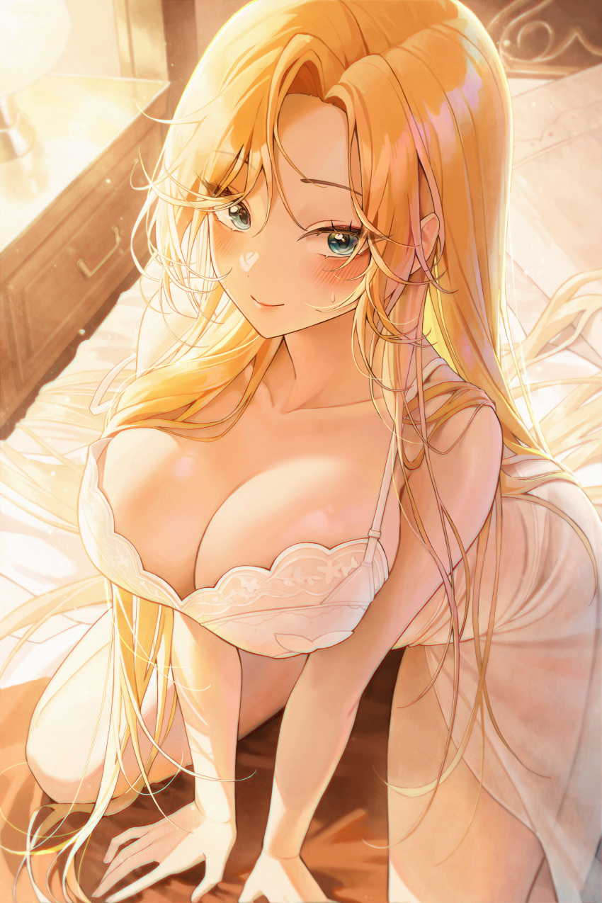 1girl absurdres aqua_eyes arms_between_legs bed blush breasts cleavage drawer highres large_breasts long_hair looking_at_viewer meoyo nightgown original parted_bangs sidelocks sitting sweatdrop wariza white_nightgown