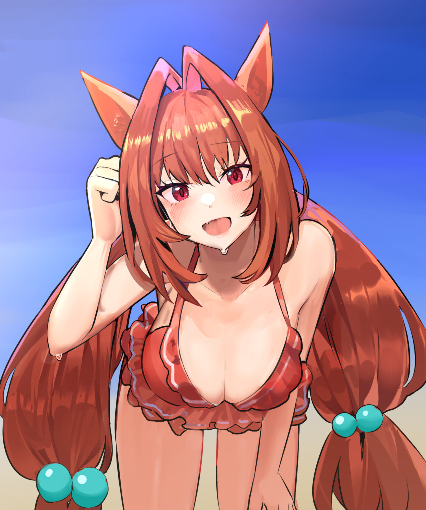 1girl :d animal_ears antenna_hair bare_shoulders bikini bikini_skirt blush breasts brown_hair cleavage collarbone daiwa_scarlet_(trifle_vacation)_(umamusume) daiwa_scarlet_(umamusume) fang frilled_bikini frills hair_between_eyes hair_bobbles hair_ornament hand_on_own_thigh hand_to_head hanging_breasts highres horse_ears horse_girl large_breasts leaning_forward long_hair looking_at_viewer low_twintails official_alternate_costume official_alternate_hairstyle open_mouth red_bikini red_eyes skin_fang smile solo solokitsune sweat swimsuit thighs twintails umamusume umamusume_summer_story_(umamusume) very_long_hair