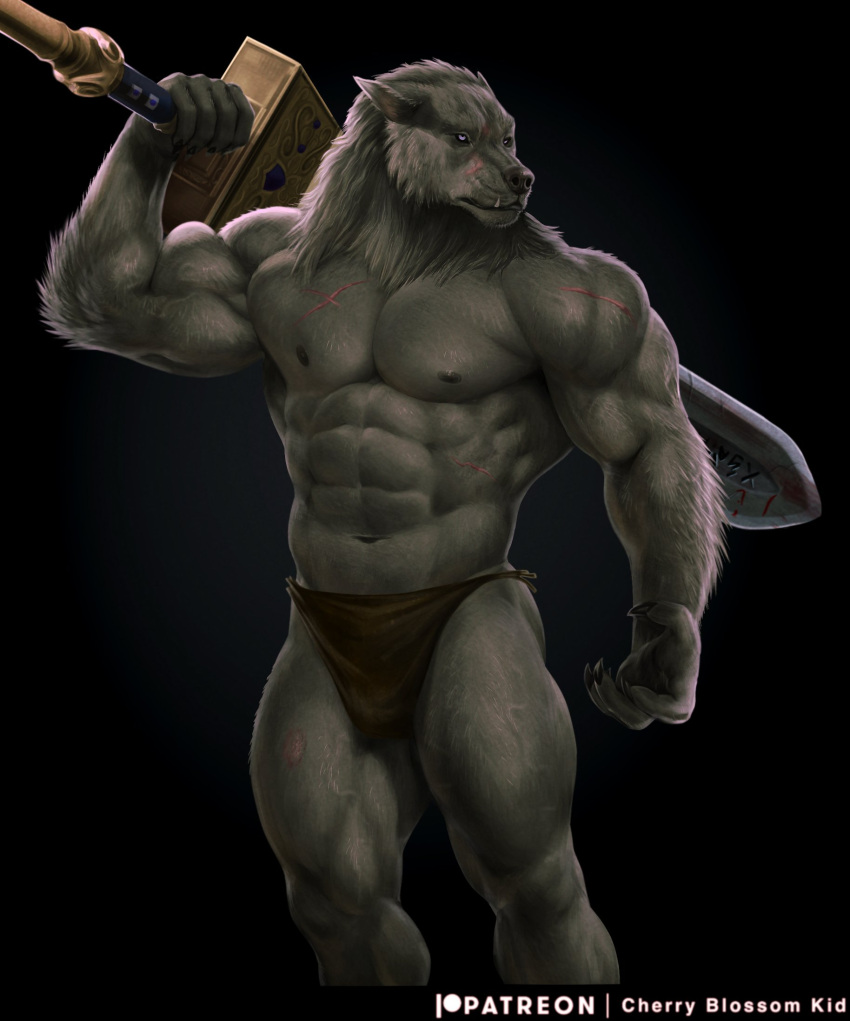 2023 anthro biped black_background black_nipples black_nose blaidd_(elden_ring) canid canine canis cherry_blossom_kid claws digital_media_(artwork) elden_ring fangs finger_claws fromsoftware fur greatsword grey_body grey_fur hi_res holding_object holding_sword holding_weapon loincloth_only male mammal melee_weapon muscular muscular_anthro muscular_male navel nipples portrait purple_eyes simple_background solo sword teeth three-quarter_portrait weapon wolf