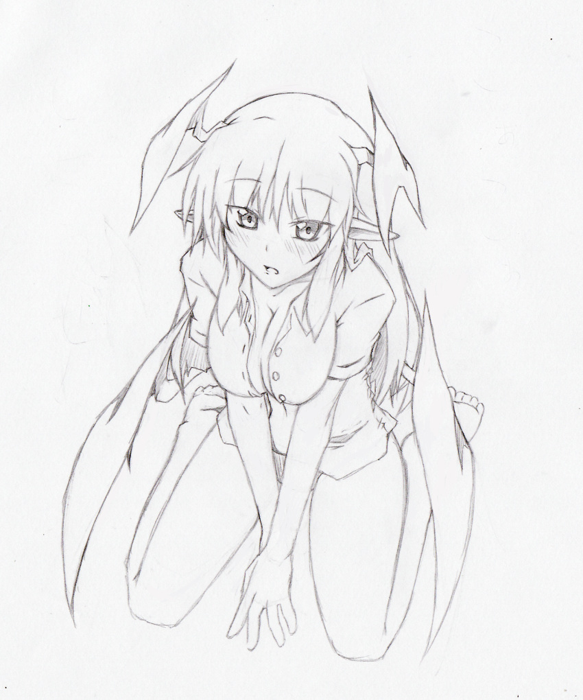 1girl :o barefoot bat_wings blush bottomless breasts cleavage collared_shirt dress_shirt full_body graphite_(medium) hair_between_eyes head_wings highres kamikiri koakuma large_breasts long_hair looking_at_viewer low_wings naked_shirt open_clothes open_shirt own_hands_together pointy_ears seiza shirt short_sleeves sidelocks sitting sketch solo touhou traditional_media v_arms white_background white_shirt wing_collar wings