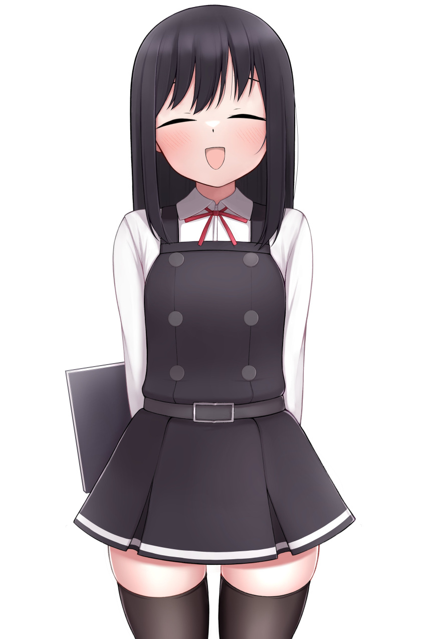1girl absurdres arms_behind_back asashio_(kancolle) asashio_kai_ni_(kancolle) belt black_hair black_thighhighs blush buttons closed_eyes dress highres kantai_collection long_hair long_sleeves looking_at_viewer neck_ribbon notebook open_mouth pinafore_dress pleated_skirt red_ribbon ribbon school_uniform shirt simple_background skirt sleeveless sleeveless_dress smile solo thighhighs tiemu_(man190) white_shirt