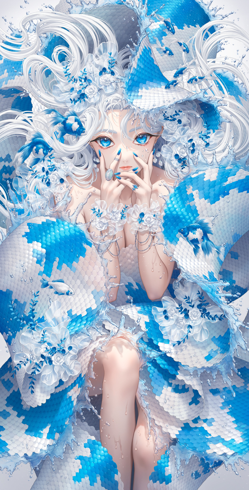 1girl absurdres alternate_color blue_eyes blue_nails blue_scales breasts cleavage closed_mouth collarbone earrings fantasy fish flower goldfish hair_flower hair_ornament hair_spread_out hands_on_own_face highres jewelry knee_up leaf long_hair looking_at_viewer minami_(minami373916) original red_lips ring scales scrunchie sitting solo uroko_(pattern) water_drop white_flower white_hair white_scales white_scrunchie wrist_scrunchie