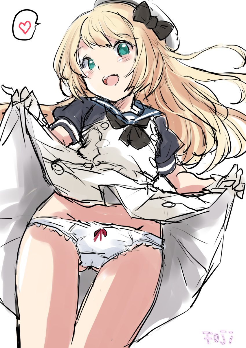 1girl ass_visible_through_thighs black_neckerchief black_shirt blonde_hair blue_eyes blue_sailor_collar crotch_seam dress from_below fuji_(pixiv24804665) gloves hat heart highres jervis_(kancolle) kantai_collection lifted_by_self neckerchief panties sailor_collar sailor_dress sailor_hat shirt short_sleeves simple_background solo spoken_heart underwear white_background white_dress white_gloves white_headwear white_panties