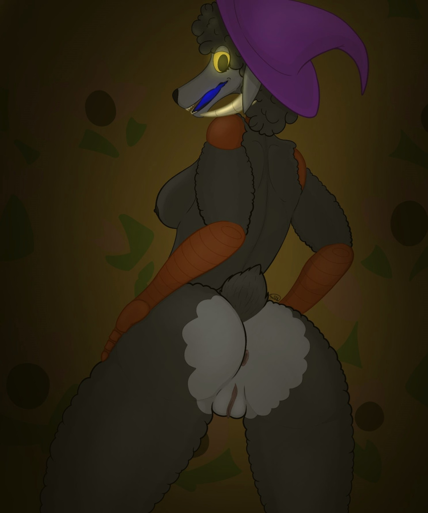 anthro anus bovid breasts butt caprine clothing fangs female fur genitals grey_body grey_fur hat headgear headwear hi_res horn looking_back mammal nipples purple_clothing purple_hat purple_headwear pussy sheep sheep_witch_(twf) short_tail solo sosikmen tail teeth the_walten_files yellow_eyes