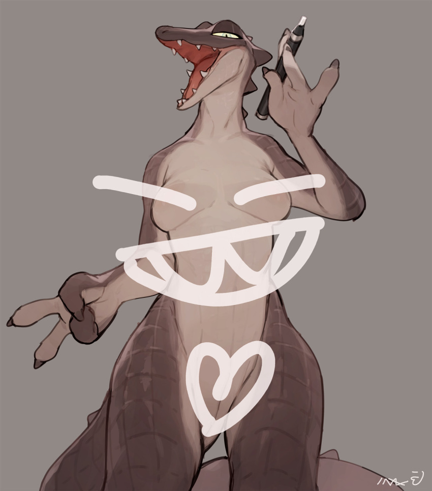 2023 anthro bebebebebe biped breasts brown_body brown_scales censored claws creative_censorship crocodile crocodilian crocodylid digital_media_(artwork) female finger_claws genitals gesture grey_background hi_res holding_marker low-angle_view marker nipples open_mouth pupils pussy reptile scales scalie simple_background slit_pupils solo v_sign