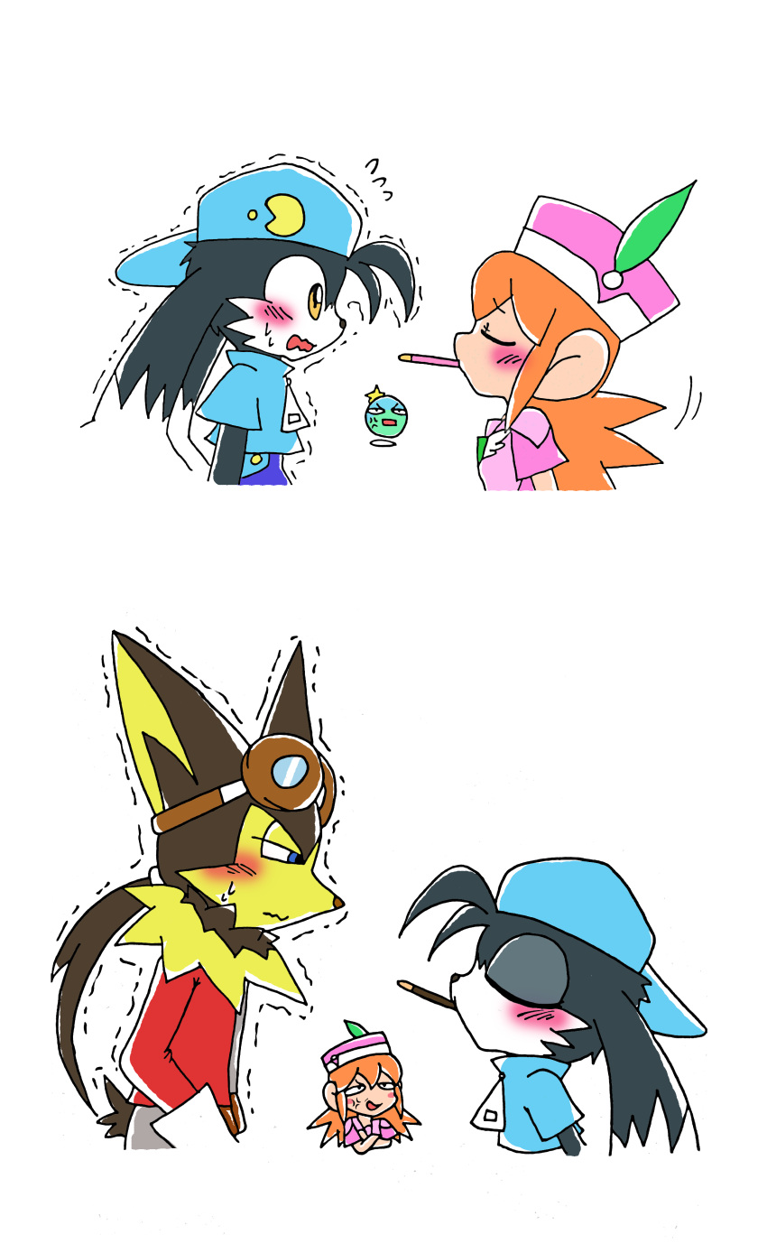 1girl 3boys absurdres animal_ears blue_headwear blue_shirt blush brown_hair dress food furry furry_male guntz highres huepow kaze_no_klonoa klonoa lolo_(klonoa) malahaya monkey_ears multiple_boys pac-man pink_dress pink_headwear pocky shirt simple_background white_background