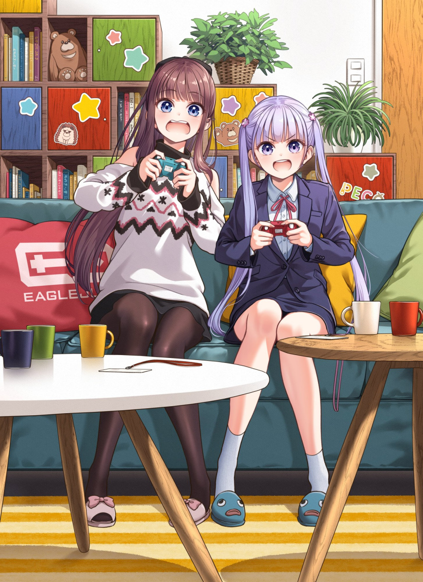 2girls black_skirt blue_eyes blush brown_hair brown_pantyhose buttoned_cuffs collared_shirt controller cup game_controller highres holding holding_controller holding_game_controller long_hair long_sleeves mozuku_(new_game!) multiple_girls new_game! off-shoulder_sweater off_shoulder open_mouth pantyhose playing_games purple_eyes purple_hair shirt sitting skirt slippers smile socks suit suzukaze_aoba sweater takimoto_hifumi teeth tokunou_shoutarou twintails upper_teeth_only white_shirt white_socks white_sweater