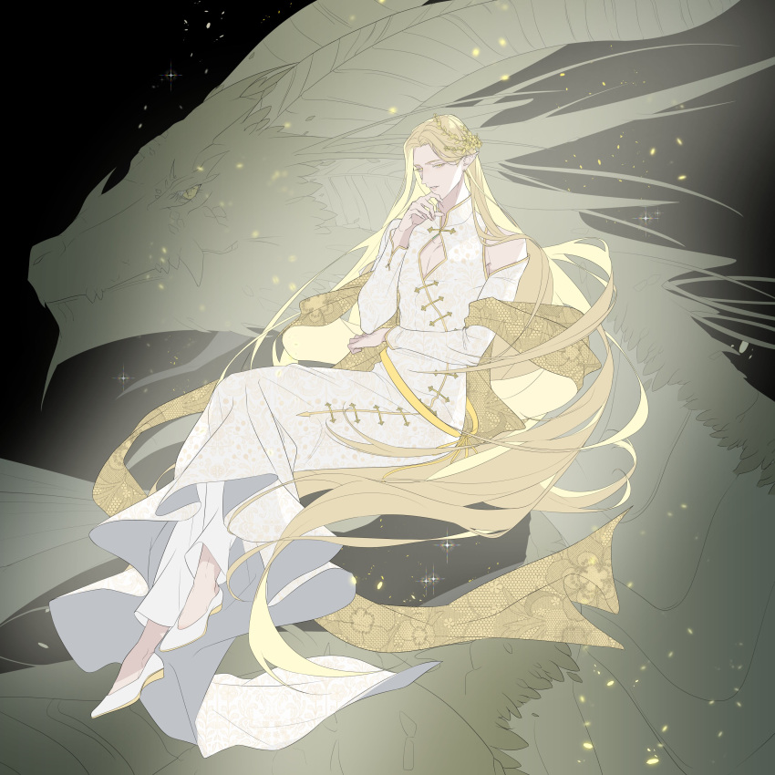 030lala 1boy absurdres blonde_hair clothing_cutout dragon dragon_boy eruhaben floating full_body highres long_hair long_sleeves lout_of_count's_family male_focus pointy_ears solo straight_hair very_long_hair yellow_eyes