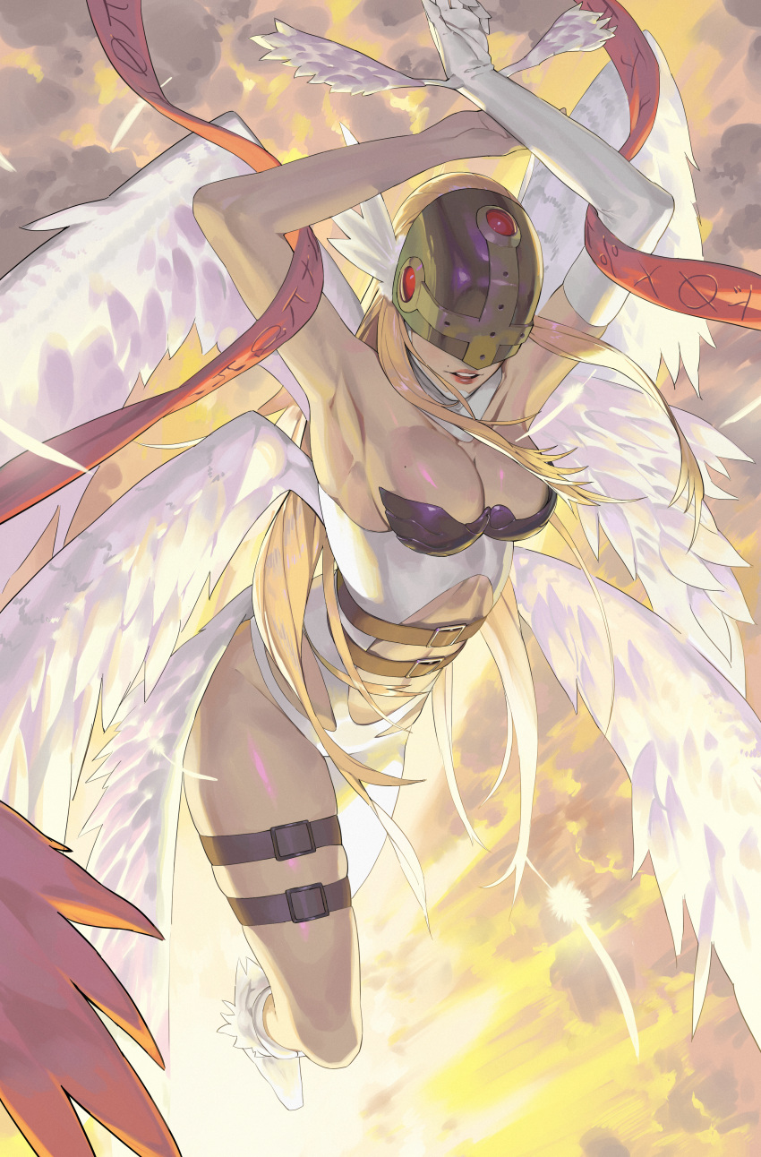 1girl absurdres angel angel_wings angewomon belt blonde_hair breasts cleavage covered_eyes digimon digimon_(creature) feathered_wings helmet_over_eyes highres large_breasts long_hair lopy0120 mask solo white_wings wings