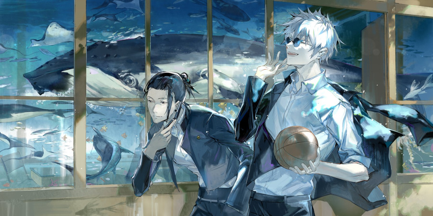 2boys ball basketball belt black_belt black_eyes black_hair black_jacket black_pants black_suit blue_eyes collared_shirt earrings fish formal getou_suguru gojou_satoru hair_between_eyes hair_bun hand_in_pocket highres holding holding_ball holding_phone indoors jacket jewelry jujutsu_kaisen male_focus multiple_boys open_mouth pants phone qmthtdy round_eyewear shadow shark shirt single_hair_bun sleeves_rolled_up smile suit sunglasses teeth water whale white_hair white_shirt window