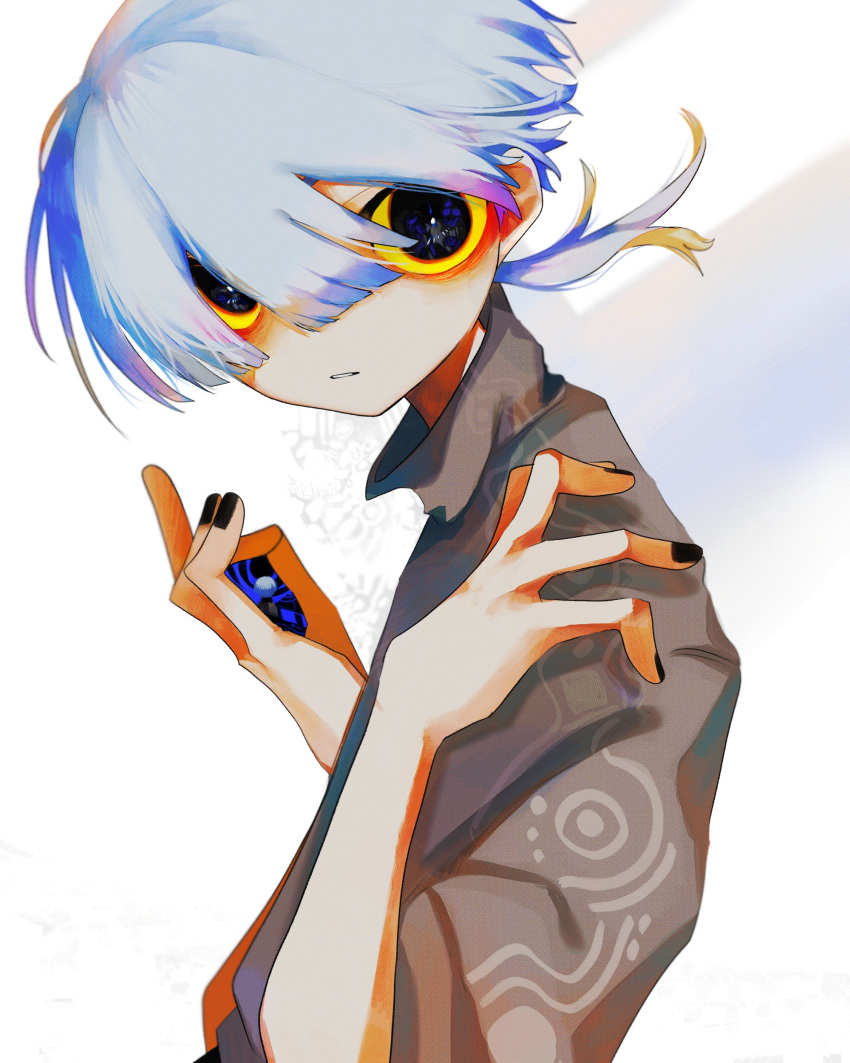 absurdres ambiguous_gender black_eyes black_nails colored_sclera grey_hair grey_shirt hands_up highres kiroji_0 original print_shirt shirt short_hair solo upper_body white_background yellow_sclera