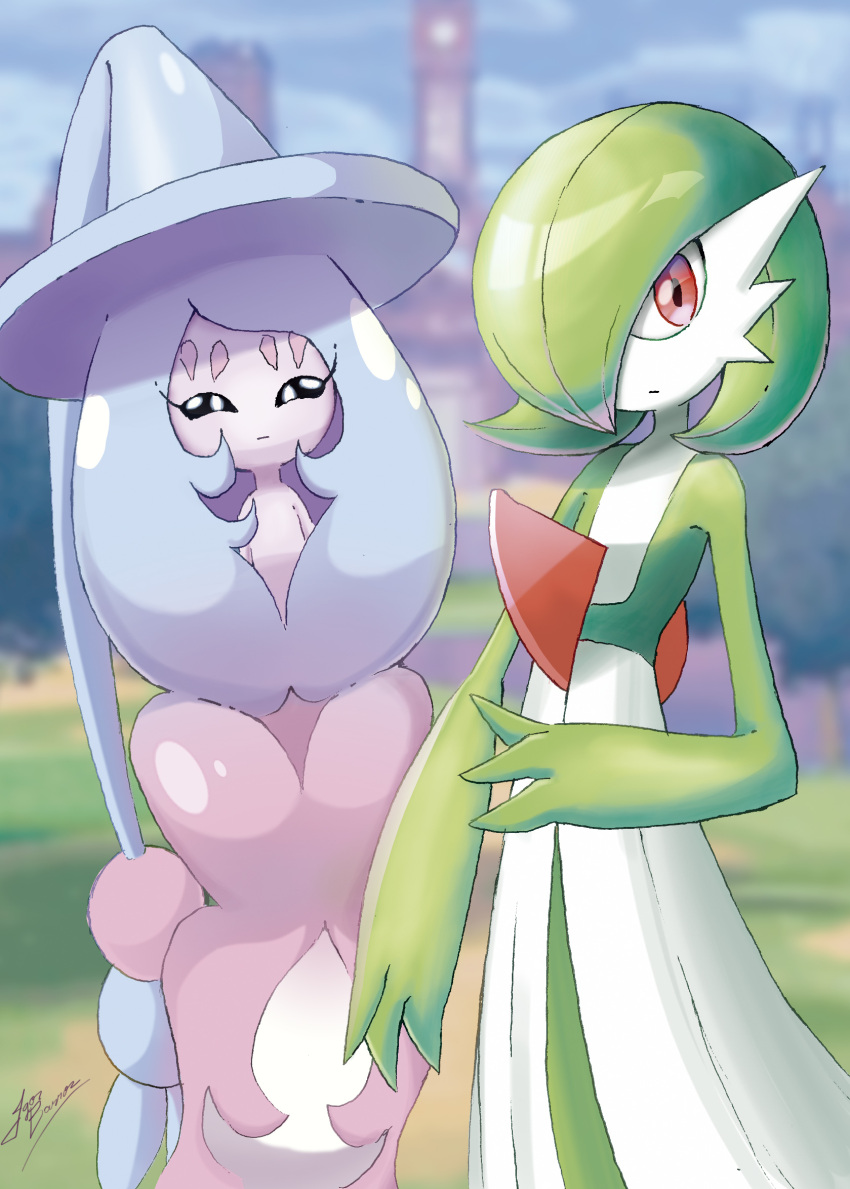 blurry blurry_background closed_mouth colored_skin commentary day expressionless gardevoir hatterene highres looking_at_viewer mr.thunderigor outdoors pokemon pokemon_(creature) red_eyes signature white_skin