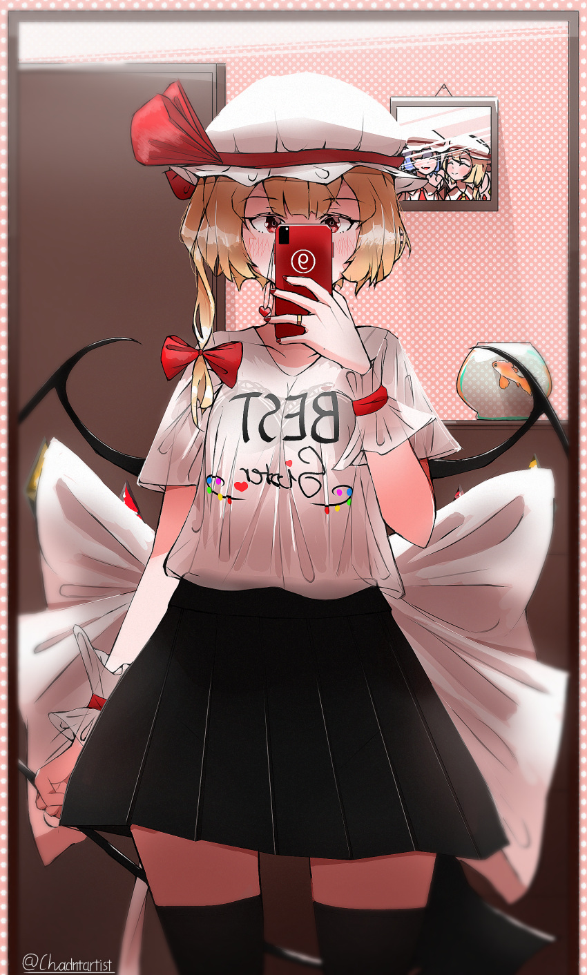 absurdres black_skirt blonde_hair blurry bonnet bow bowtie bra cellphone chadntartist closet clothes_writing crystal drawer english_text fingernails fish fishbowl flandre_scarlet frills goldfish hair_ribbon hat hat_ribbon heart highres holding holding_phone holding_polearm holding_weapon jewelry laevatein_(touhou) light_smile looking_at_mirror mirror mirrored_text mob_cap nail_polish phone picture_(object) picture_frame pleated_skirt polearm red_bow red_bowtie red_eyes red_ribbon remilia_scarlet ribbon ring see-through self-upload selfie semi-transparent shirt skirt smartphone smile spear t-shirt thighhighs thighs touhou twitter_username underwear weapon white_bow white_shirt wings
