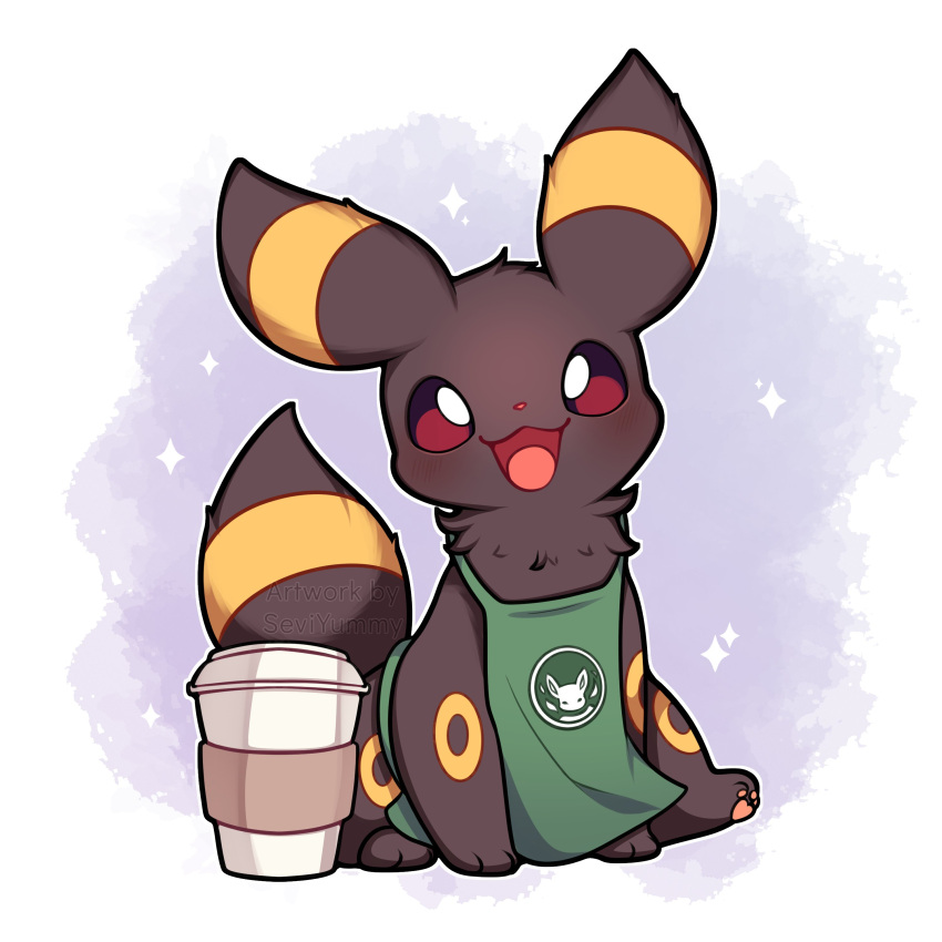 1:1 2023 3_toes :3 :d absurd_res ambiguous_gender apron beverage black_body black_ear_tips black_ears black_fur black_tail black_tail_tip blush border canid clothed clothed_feral clothing coffee coffee_cup colored container cup digital_media_(artwork) ear_markings eeveelution feet feral front_view full-length_portrait fur generation_2_pokemon green_apron grey_background hi_res leg_markings looking_at_viewer mammal markings neck_tuft nintendo no_sclera open_:3 open_mouth open_smile pawpads pink_nose pink_pawpads pokemon pokemon_(species) portrait pupils quadruped red_eyes ring_(marking) seviyummy simple_background sitting smile solo sparkles tail tail_markings three-quarter_view toes tongue tuft umbreon white_border white_pupils yellow_body yellow_ears yellow_fur yellow_markings yellow_tail
